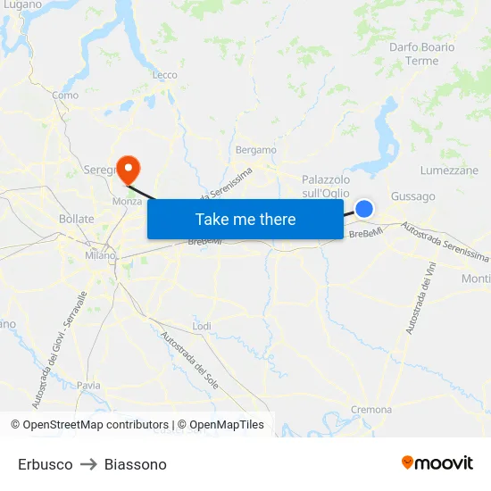 Erbusco to Biassono map