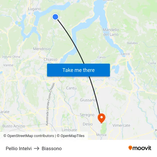 Pellio Intelvi to Biassono map