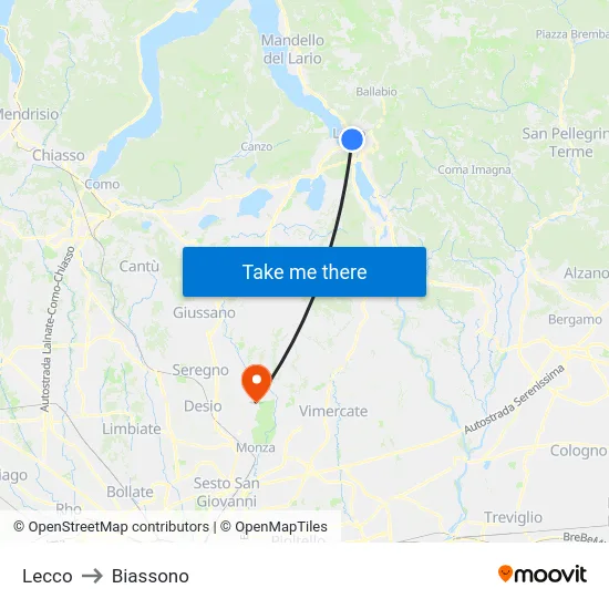 Lecco to Biassono map