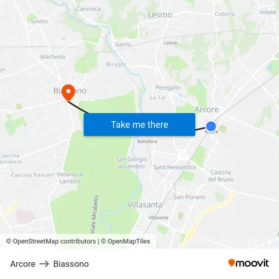 Arcore to Biassono map