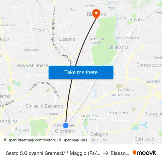 Sesto S.Giovanni Gramsci/I° Maggio (Fs/M1) to Biassono map