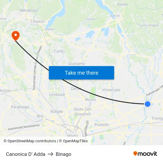 Canonica d'Adda to Binago map