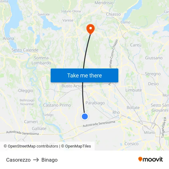 Casorezzo to Binago map