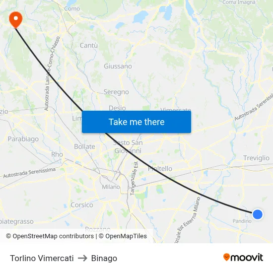 Torlino Vimercati to Binago map