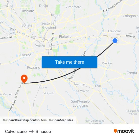 Calvenzano to Binasco map