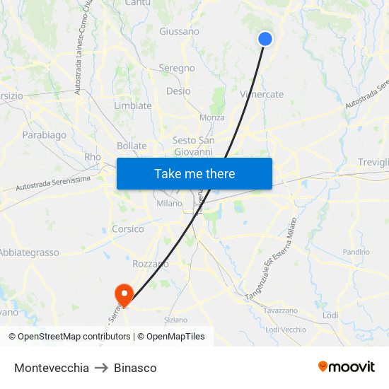 Montevecchia to Binasco map