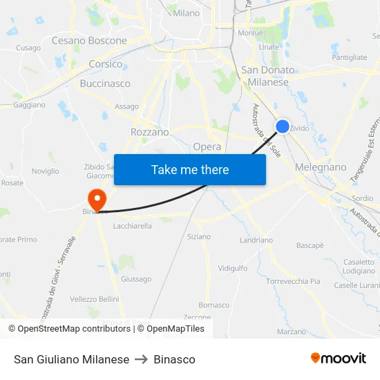 San Giuliano Milanese to Binasco map