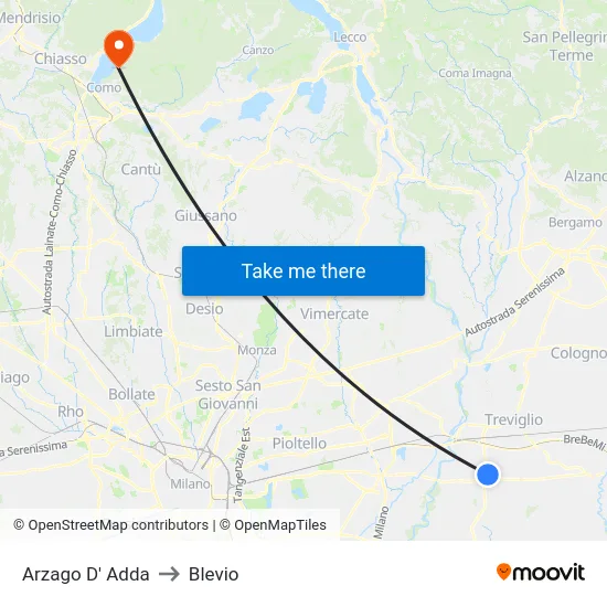 Arzago D' Adda to Blevio map