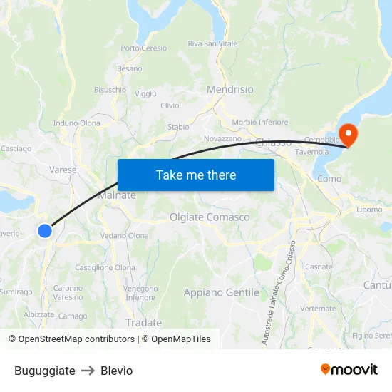 Buguggiate to Blevio map