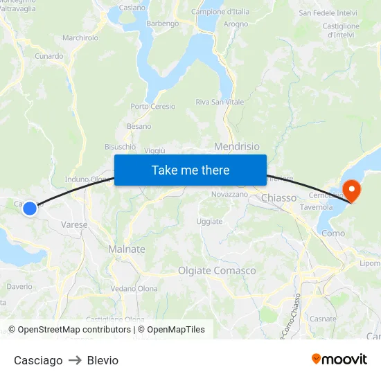 Casciago to Blevio map