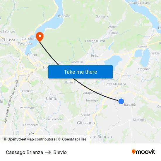 Cassago Brianza to Blevio map
