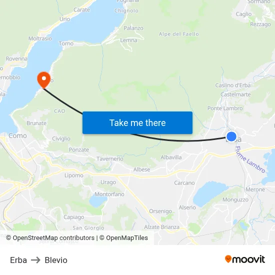 Erba to Blevio map