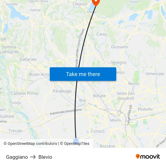 Gaggiano to Blevio map
