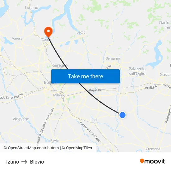 Izano to Blevio map