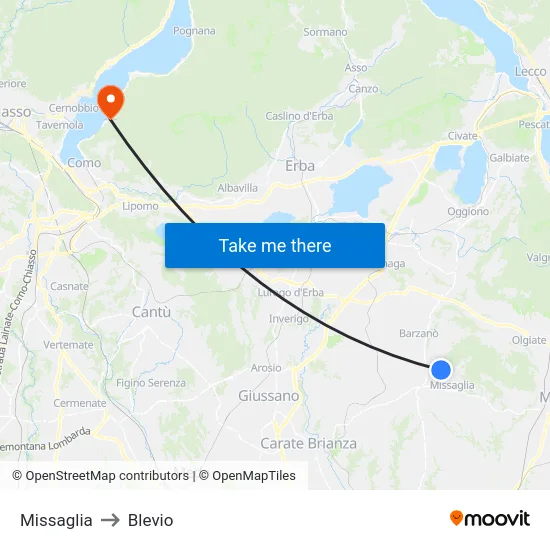 Missaglia to Blevio map