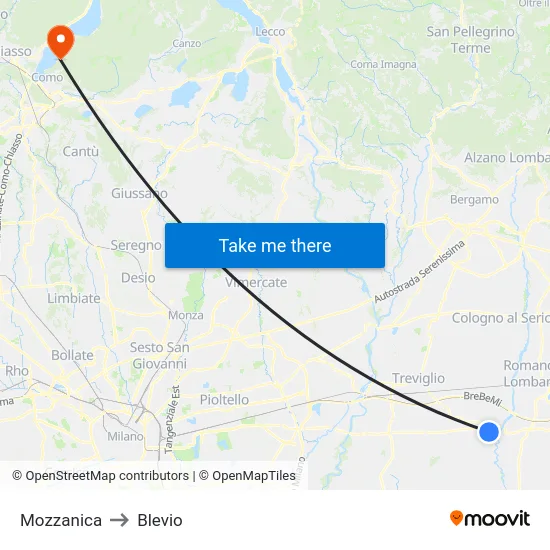 Mozzanica to Blevio map