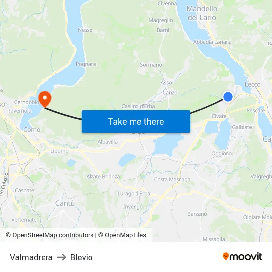 Valmadrera to Blevio map
