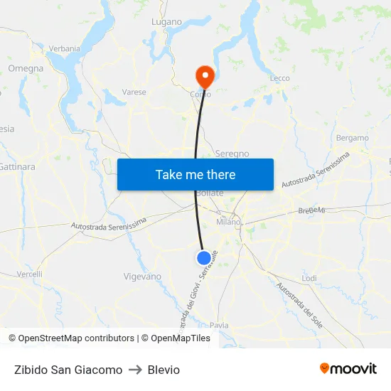 Zibido San Giacomo to Blevio map