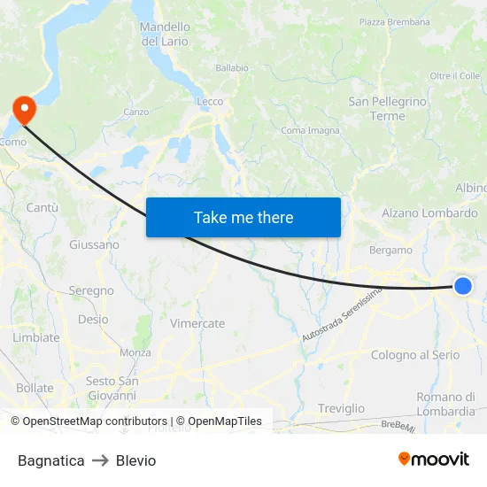 Bagnatica to Blevio map