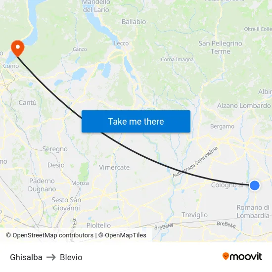 Ghisalba to Blevio map