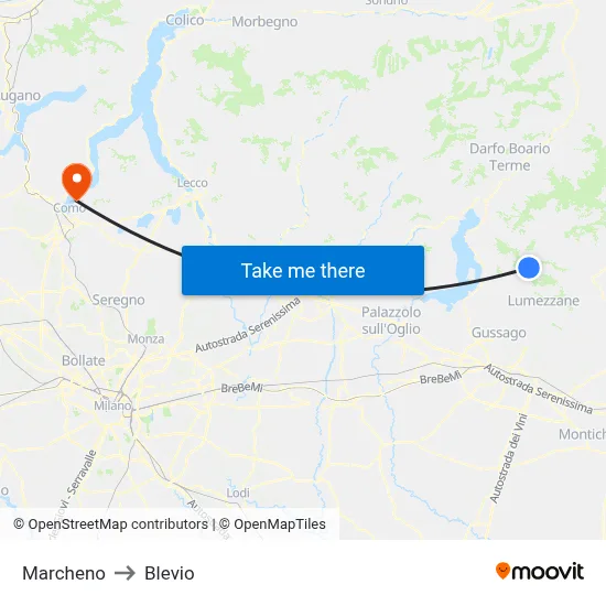 Marcheno to Blevio map