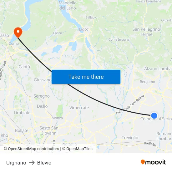 Urgnano to Blevio map