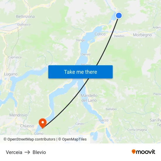 Verceia to Blevio map