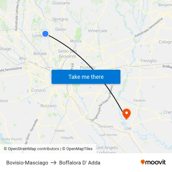 Bovisio-Masciago to Boffalora D'Adda map