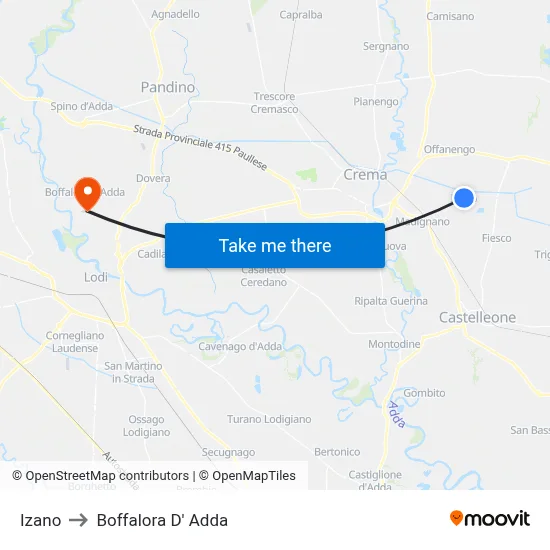 Izano to Boffalora D'Adda map