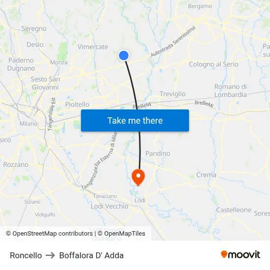 Roncello to Boffalora D'Adda map