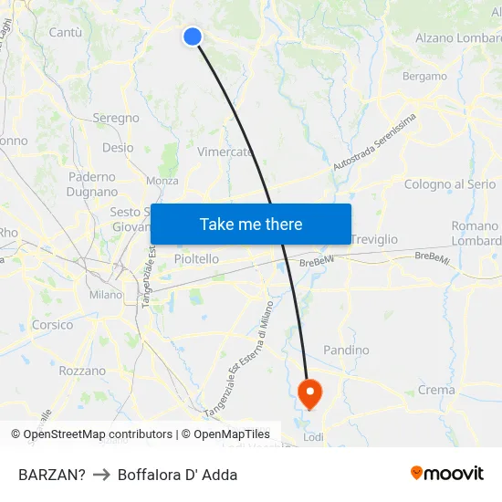 Barzan to Boffalora D'Adda map