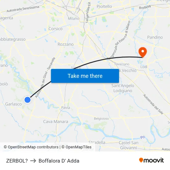 Zerbol to Boffalora D'Adda map