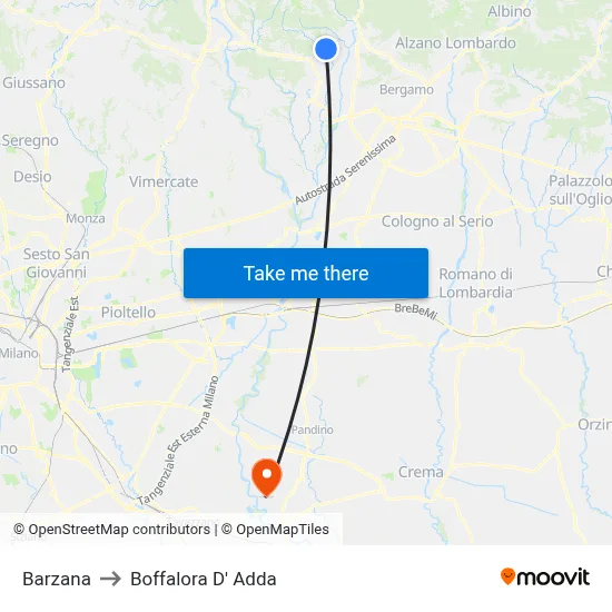Barzana to Boffalora D'Adda map
