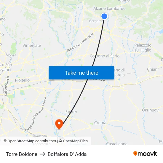 Torre Boldone to Boffalora D'Adda map