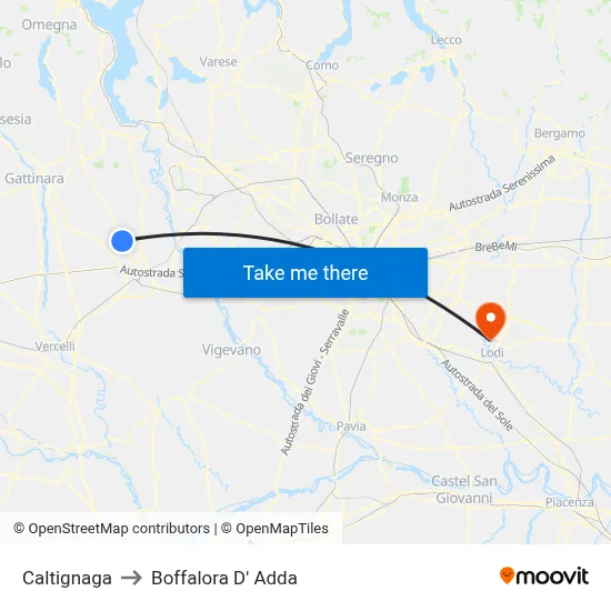 Caltignaga to Boffalora D'Adda map