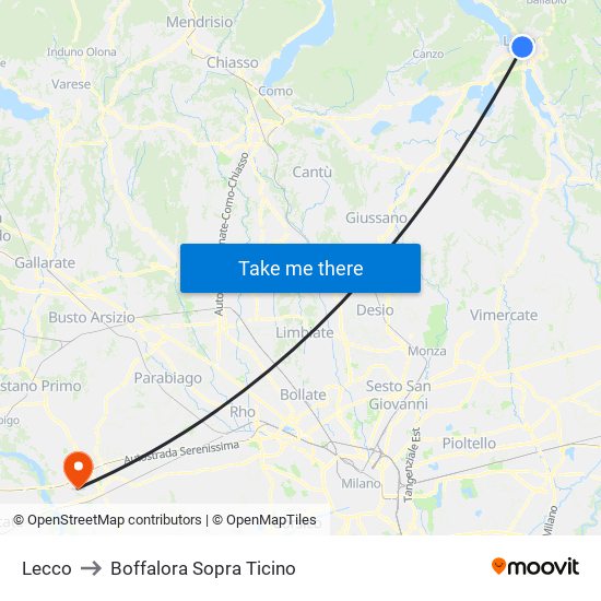 Lecco to Boffalora Sopra Ticino map