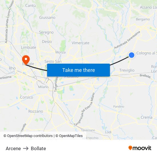 Arcene to Bollate map