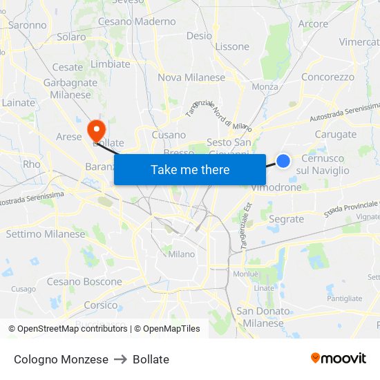 Cologno Monzese to Bollate map