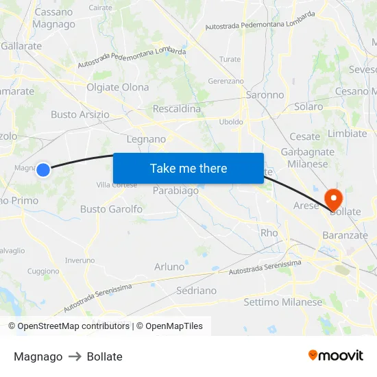 Magnago to Bollate map