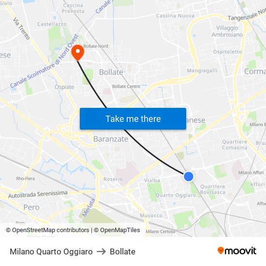 Milano Quarto Oggiaro to Bollate map