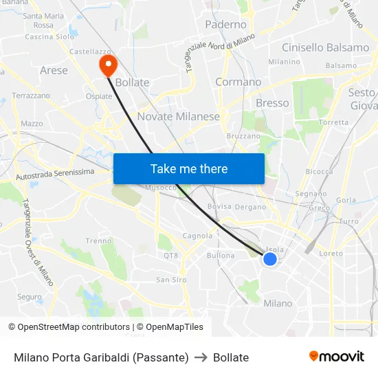 Milan Porta Garibaldi (Passante) to Bollate map