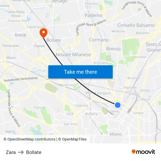 Zara to Bollate map