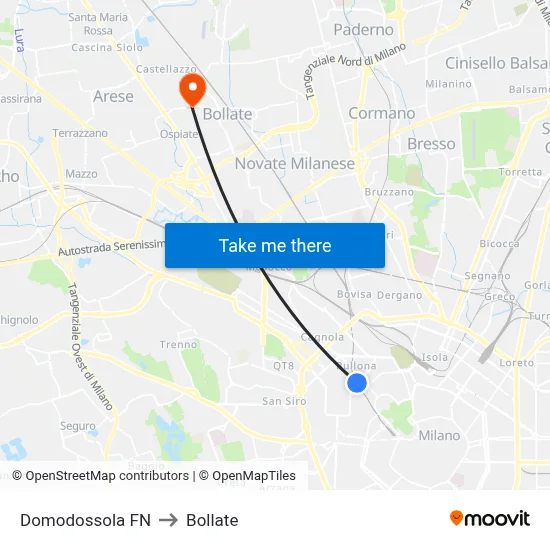 Domodossola FN to Bollate map