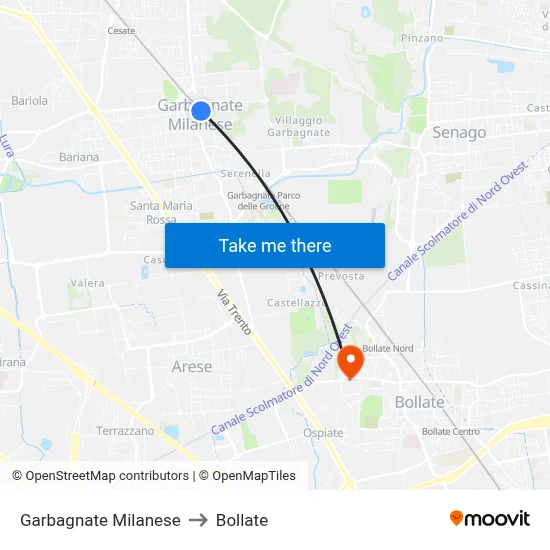 Garbagnate Milanese to Bollate map