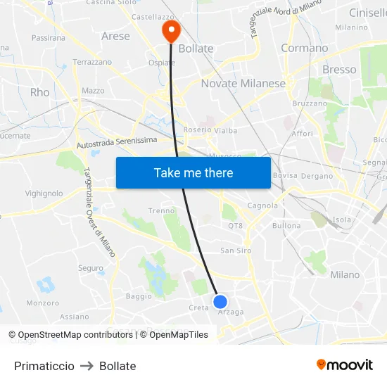 Primaticcio to Bollate map