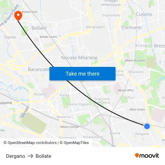Dergano to Bollate map