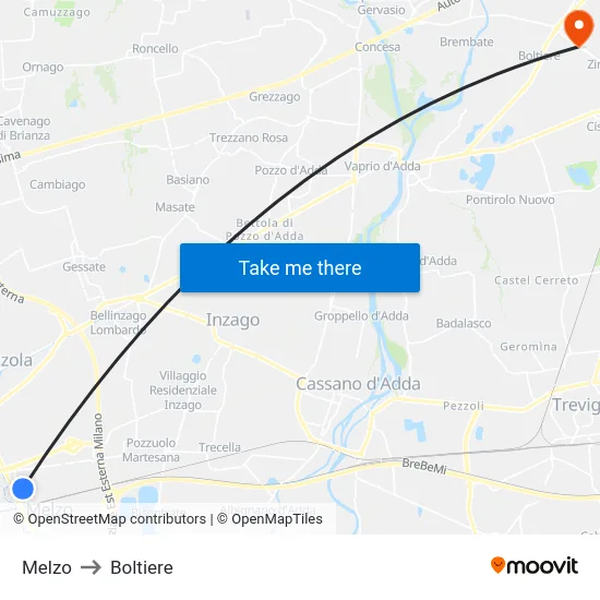 Melzo to Boltiere map