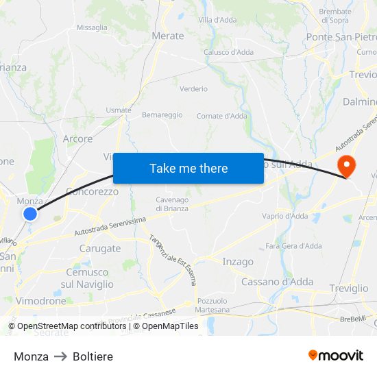 Monza to Boltiere map