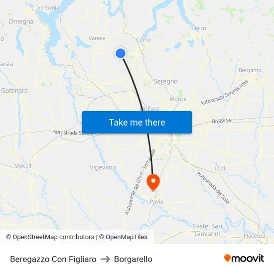 Beregazzo con Figliaro to Borgarello map