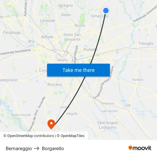 Bernareggio to Borgarello map